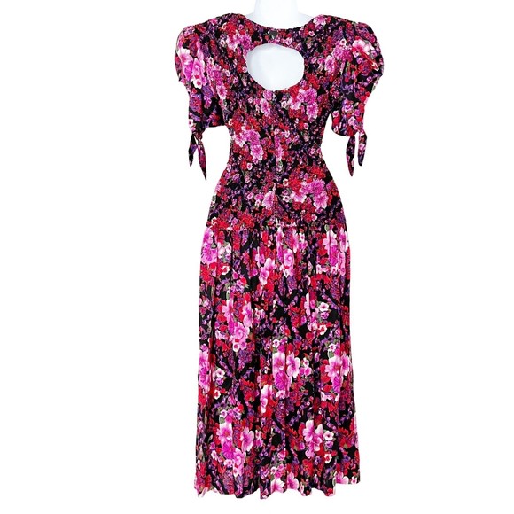 PANTAGIS Vtg 80s Drop Waist Floral Long Dress Rayon Big Shoulder Cutout Stretch - Picture 6 of 15